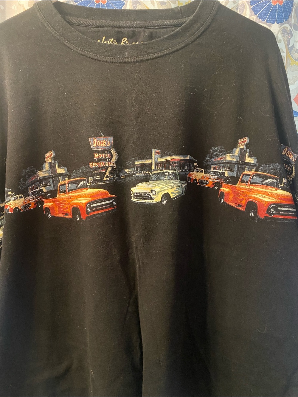 Black Short-Sleeve Graphic Tee with Retro Car & Truck Print